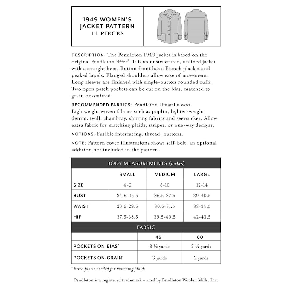 Pendleton Shop Women's 1949 Jacket Pattern